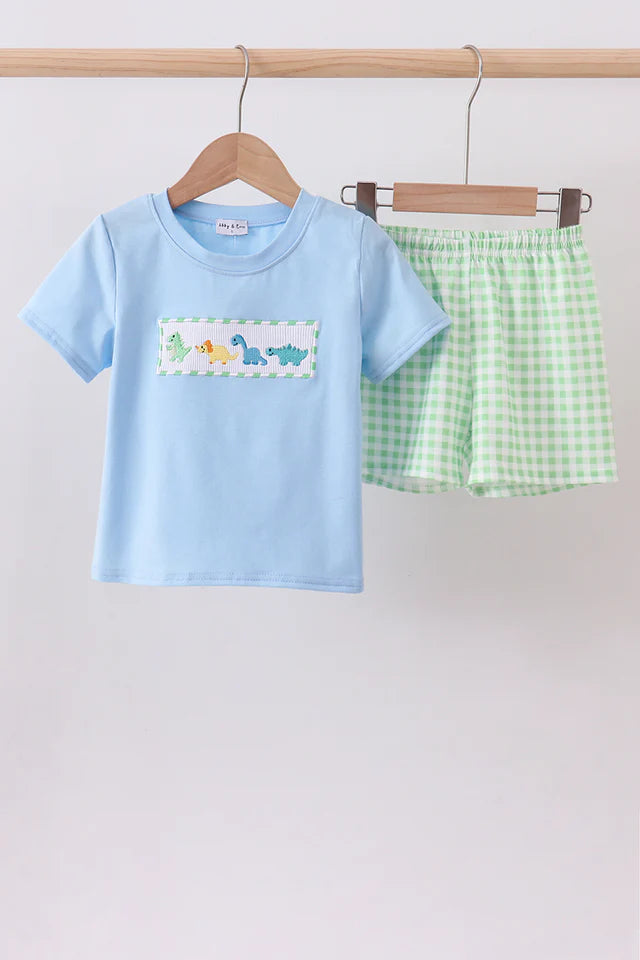 Dinosaur smocked gingham shorts set