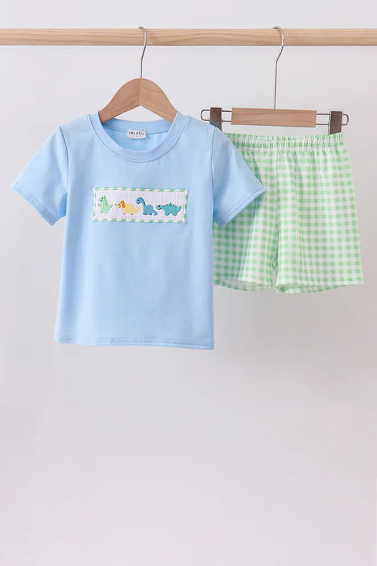 Dinosaur smocked gingham shorts set
