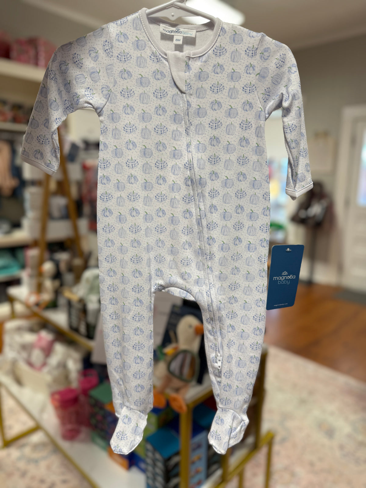 Precious Pumpkins Print Zip Footie - Light Blue