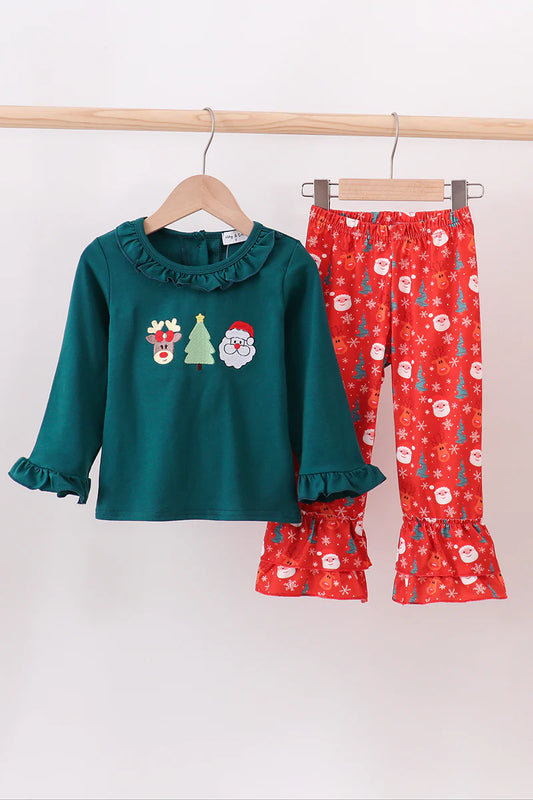 Green Christmas santa claus embroidery ruffle pants set