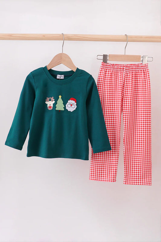 Green Christmas santa claus embroidery pants set