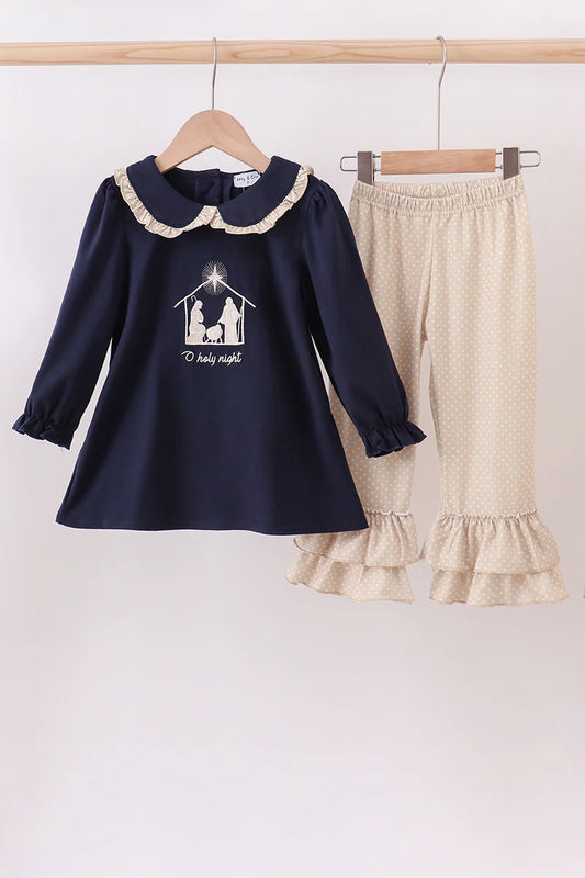 Navy nativity embroidery ruffle dress set