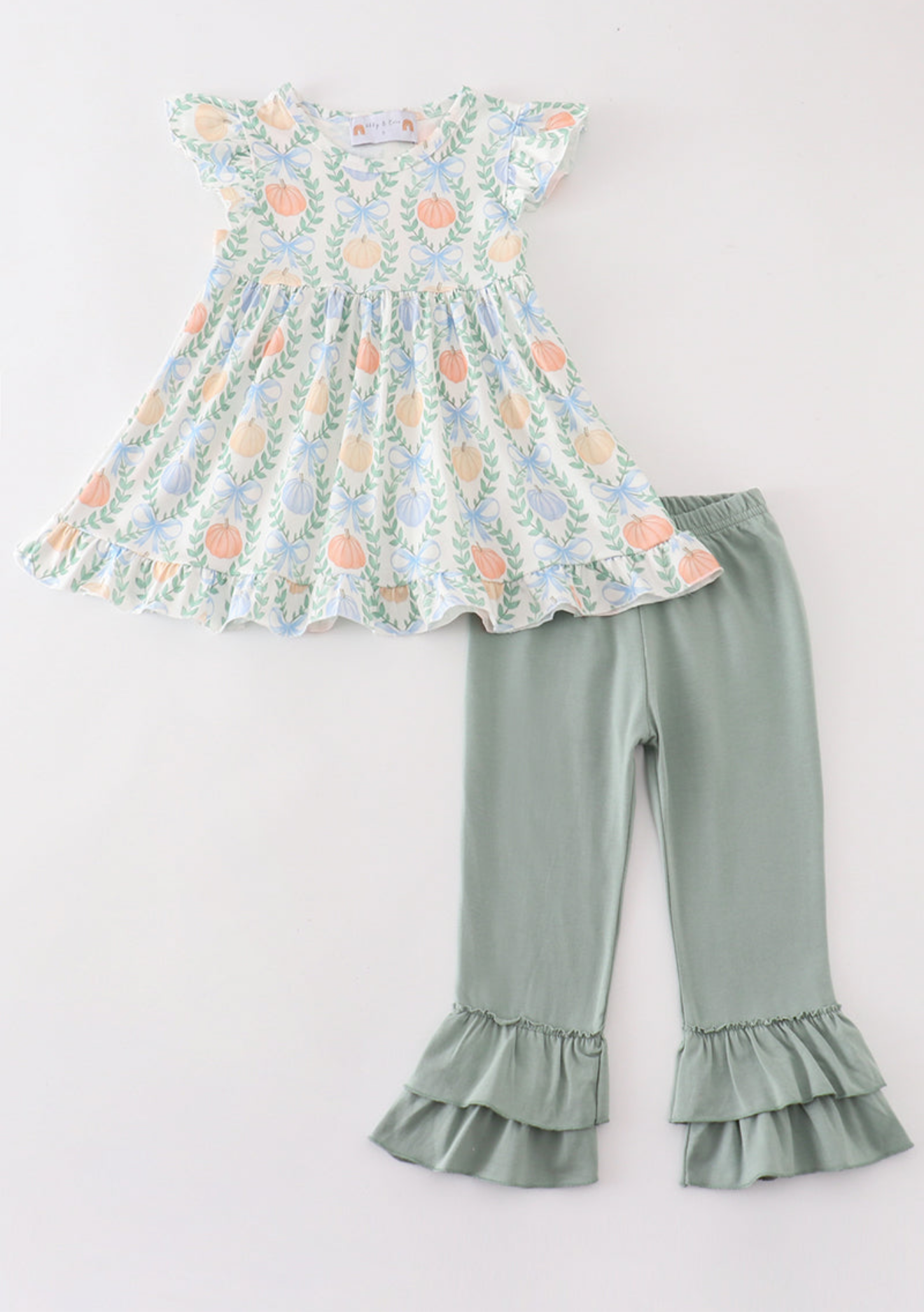 Green Bow Pumpkin Print Girl Set