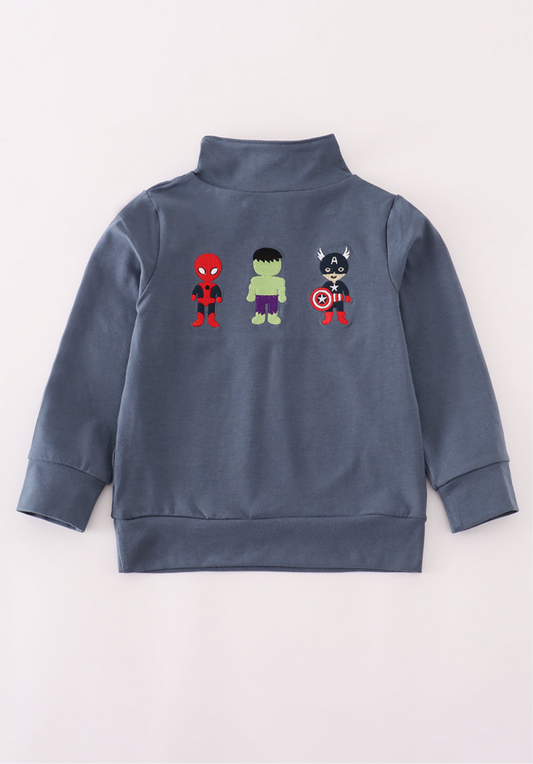 Navy character embroidery zip pull over