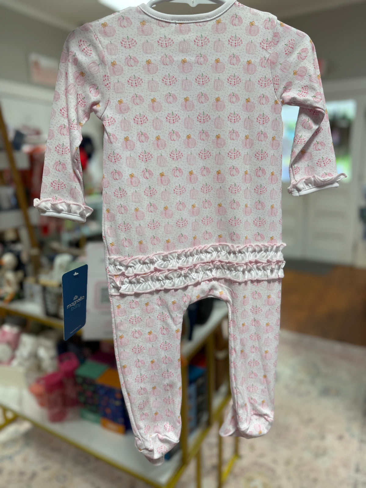 Precious Pumpkins Print Ruffle Zip Footie - Pink