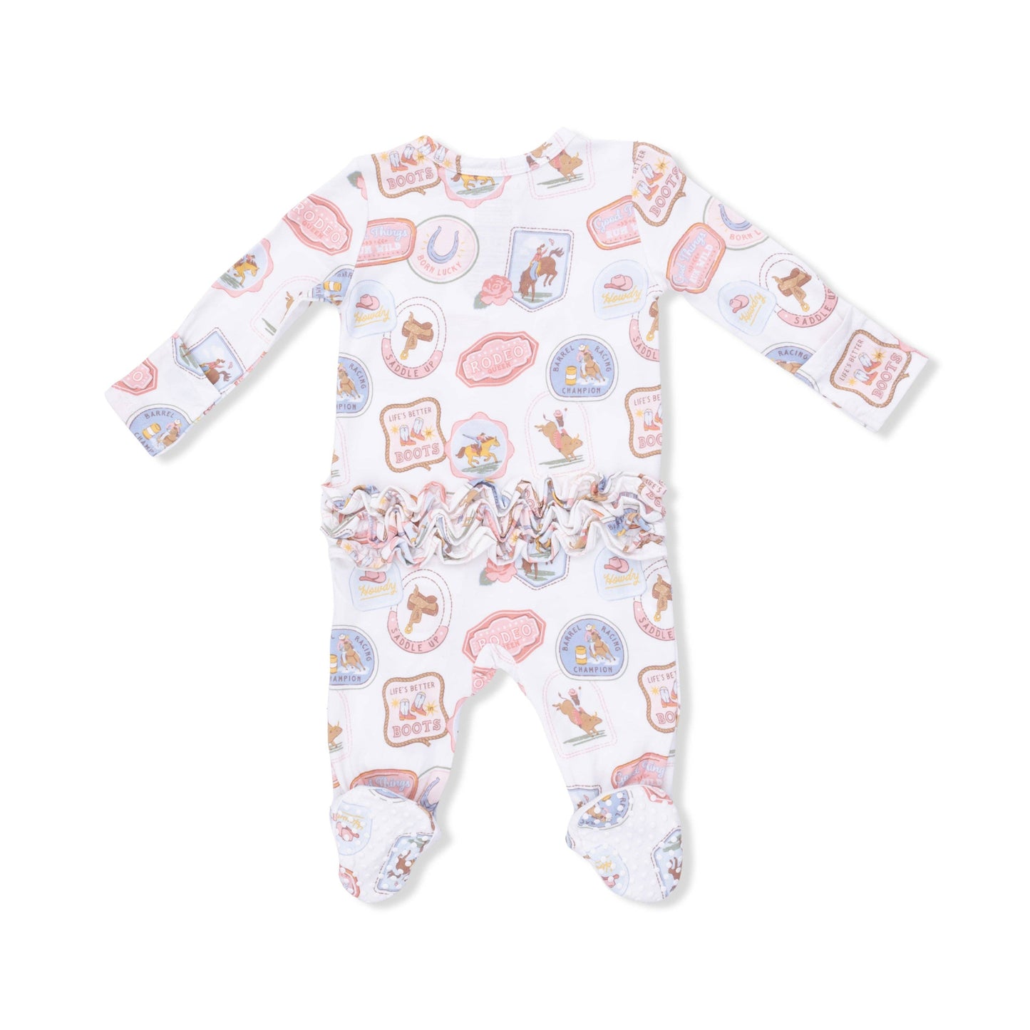 Rodeo Patches Pink - 2 Way Ruffle Back Zipper Footie