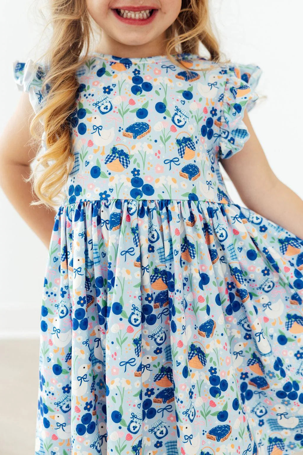 BLUEBERRY PICNIC FLUTTER SLEEVE TWIRL DRESS