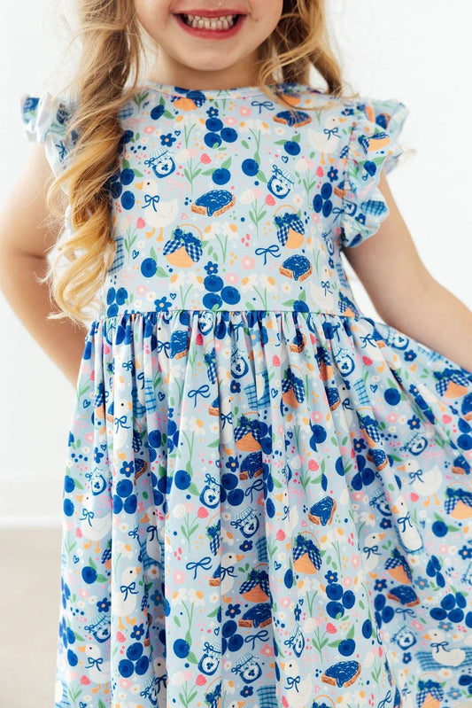BLUEBERRY PICNIC FLUTTER SLEEVE TWIRL DRESS