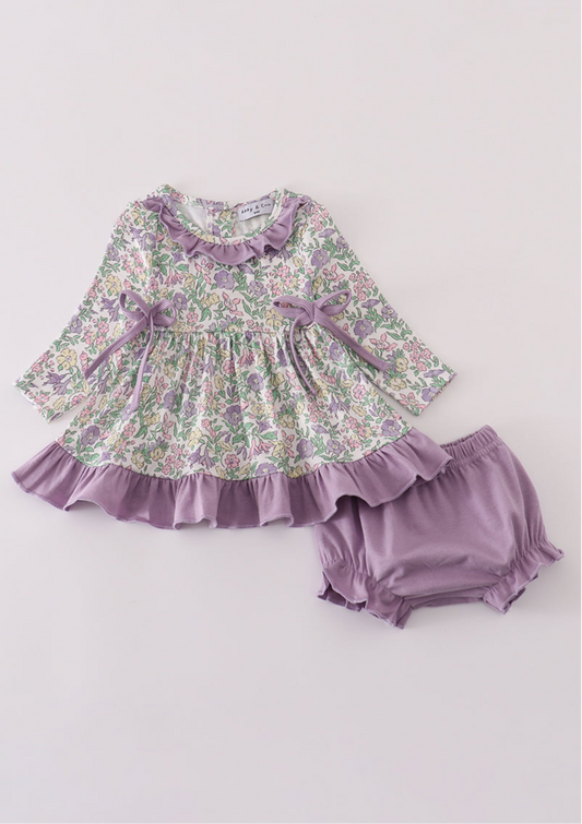 Purple floral print ruffle bloomer set