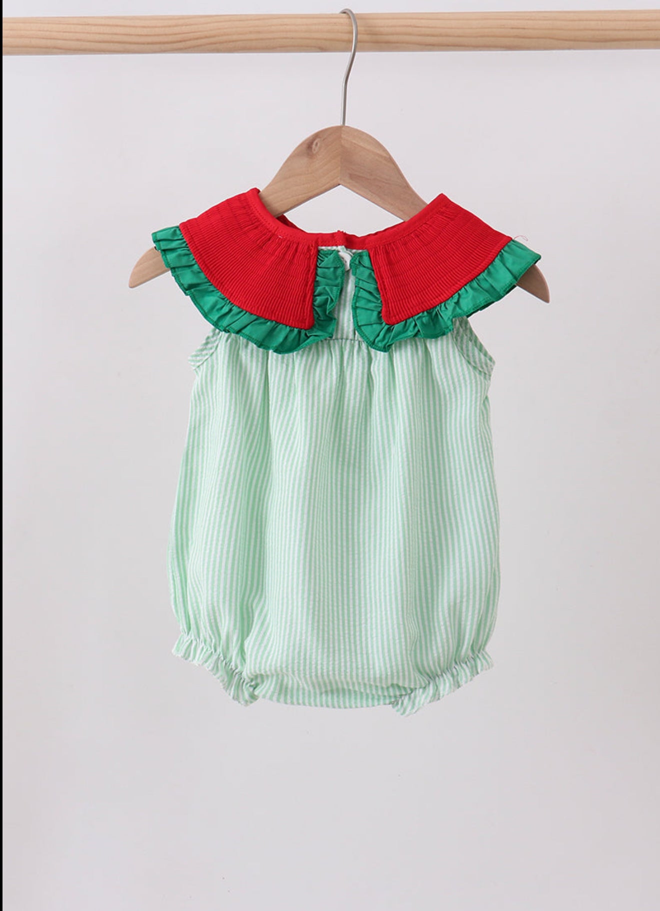 Green watermelon seersucker smocked ruffle bubble