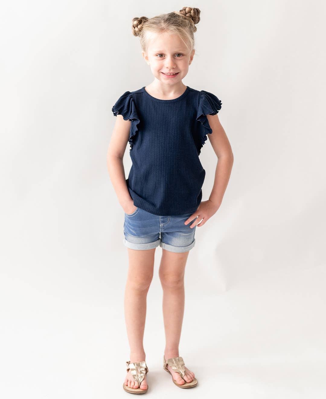 Girls Light Wash Stretch Denim Shorts: Blue