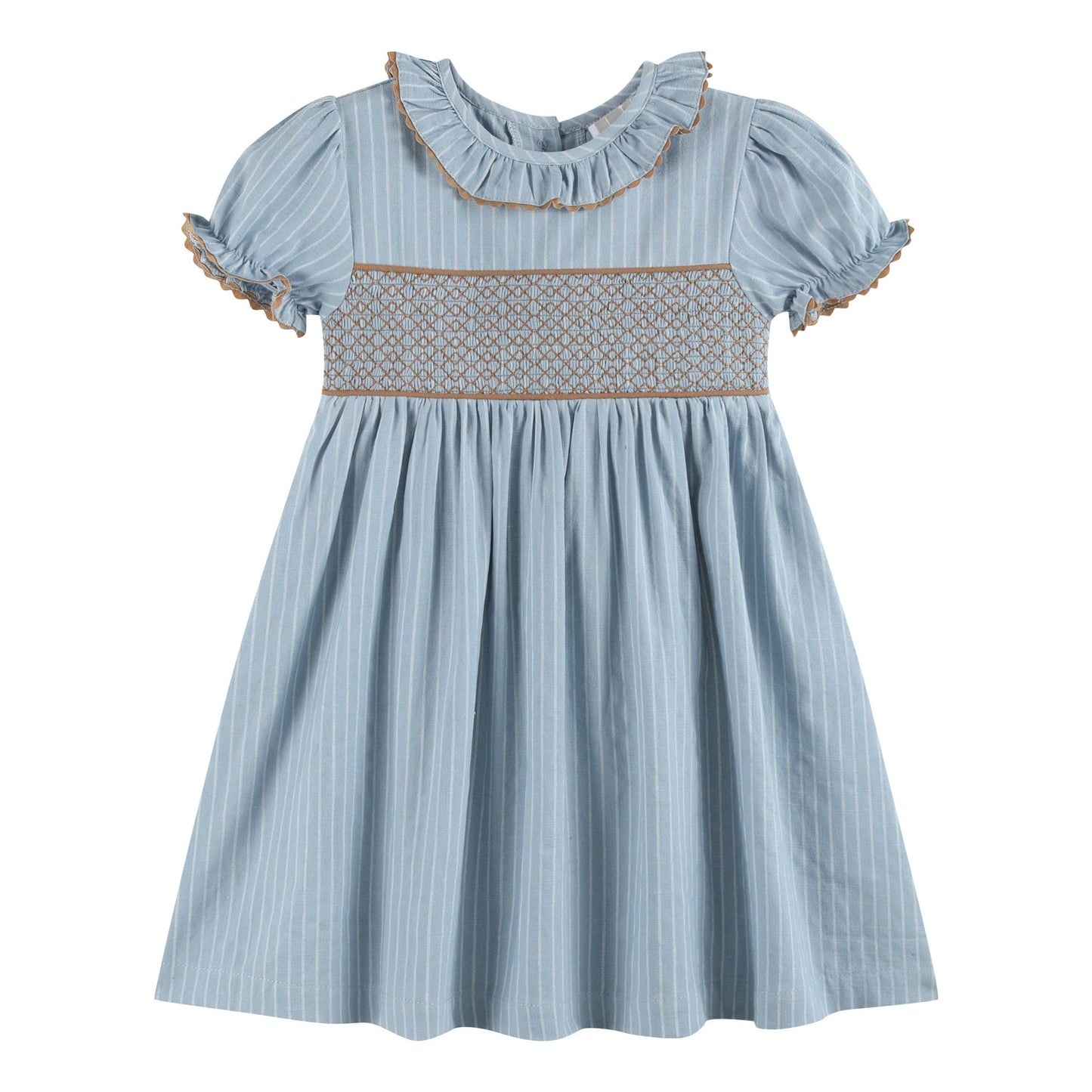 Blue Pinstripe Brown Smocked Ruffle Collar Dress