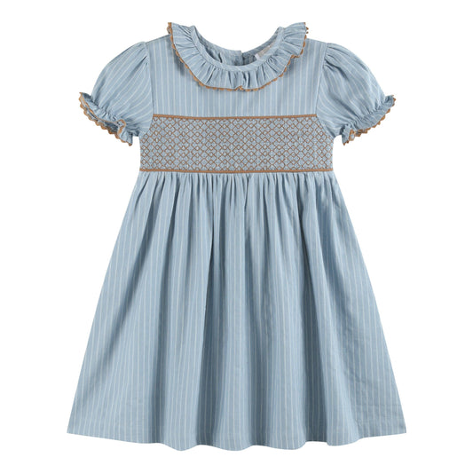 Blue Pinstripe Brown Smocked Ruffle Collar Dress
