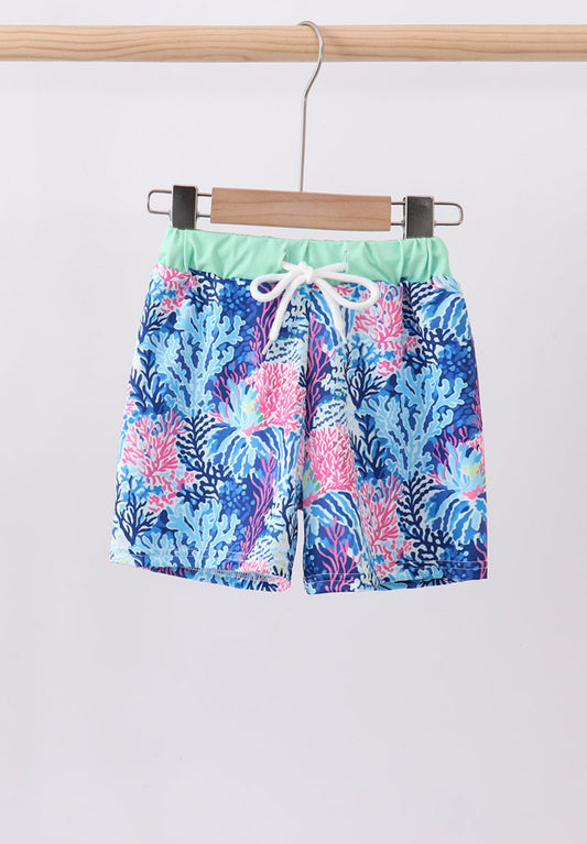 Blue marine creature print swim trunks