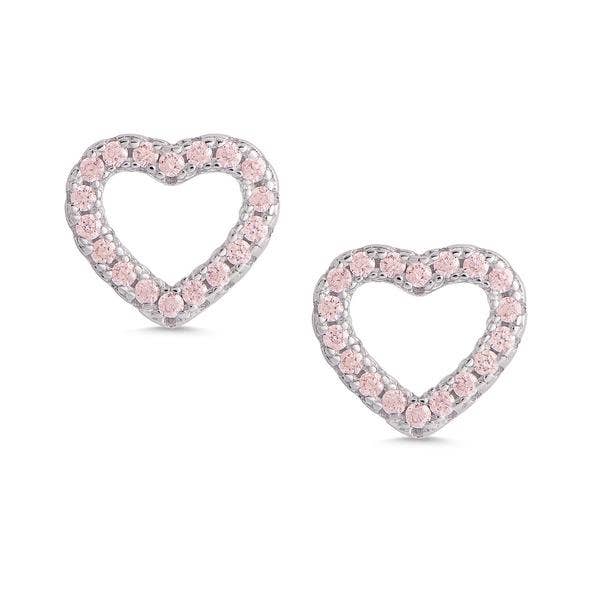 Open Heart Pink CZ Stud Earrings In Sterling Silver: Pink