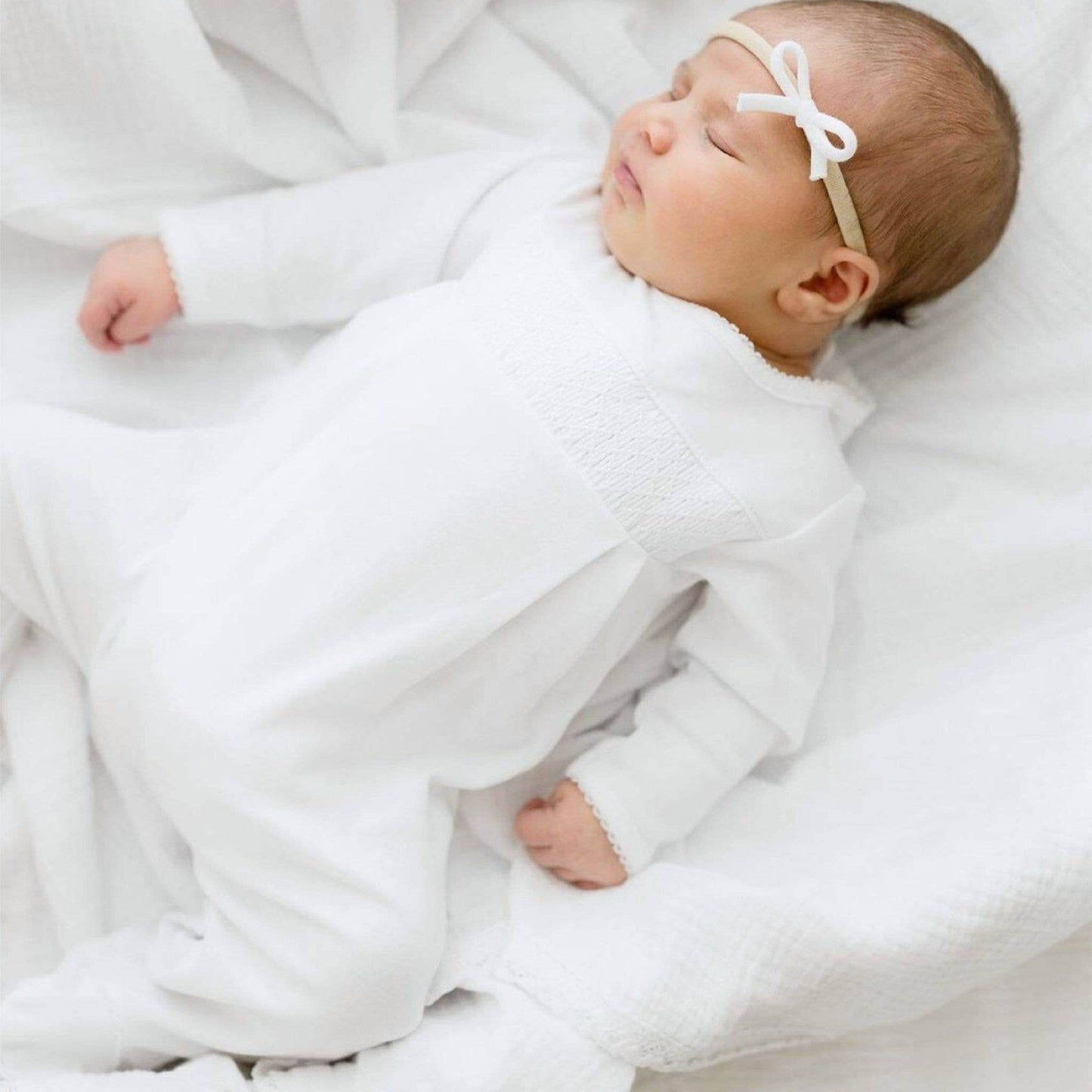 Essentials White Smocked Footie with White Trim