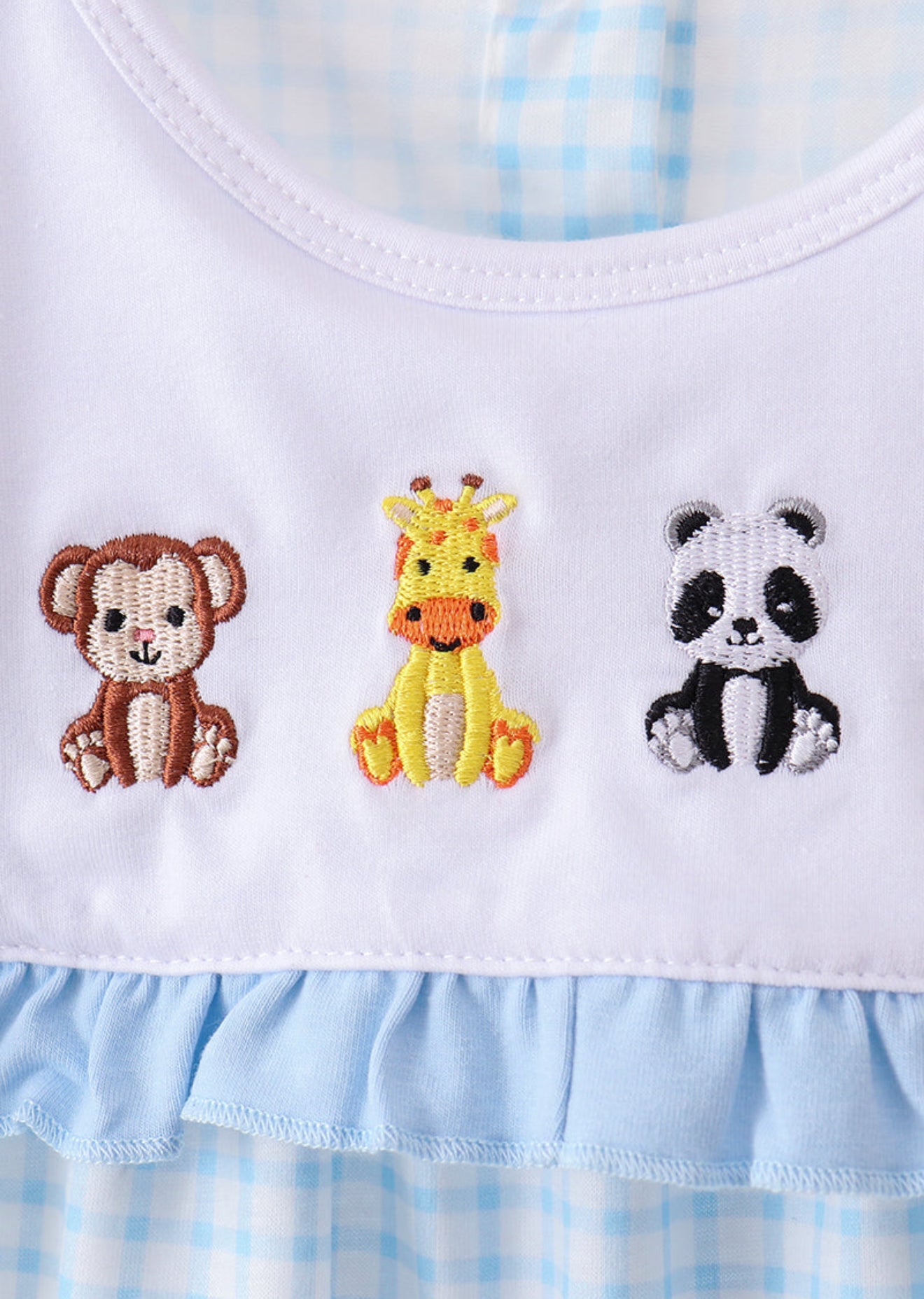 Blue zoo animal embroidery gingham ruffle shorts set