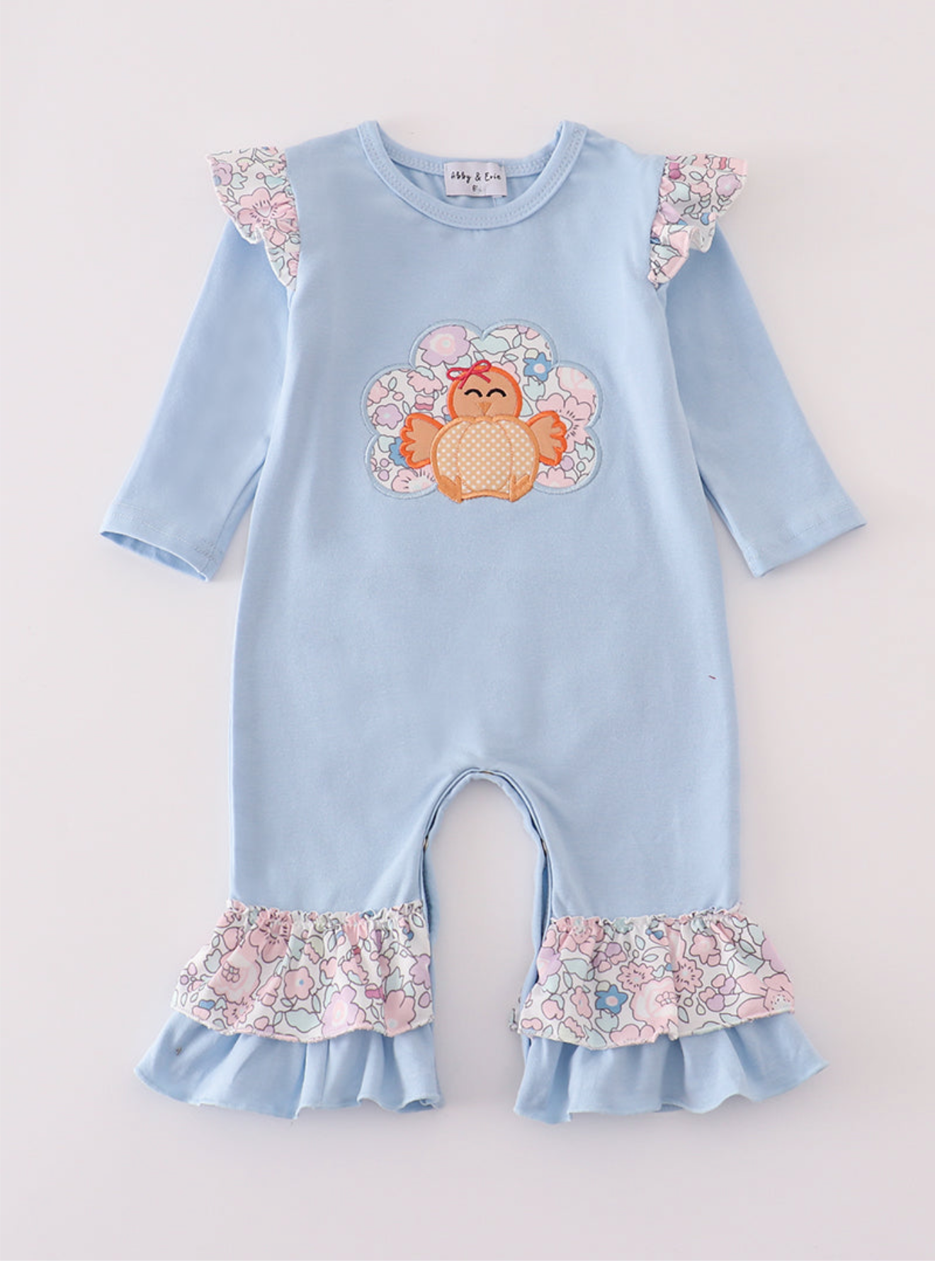 Blue turkey applique ruffle romper