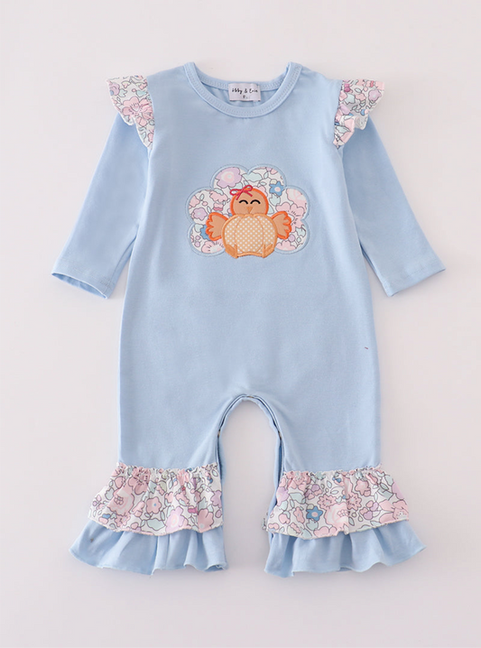 Blue turkey applique ruffle romper