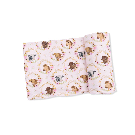 Farm Animals Floral Cameos Pink - Swaddle Blanket: 45X45