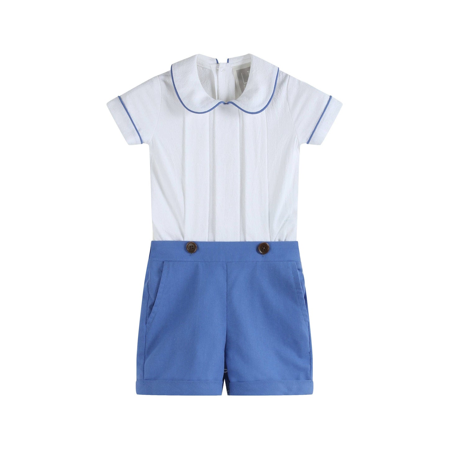 White Collared Top and Blue Button Shorts