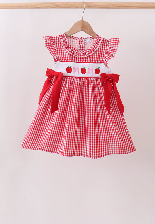 Red Apple Bow Smocked Gingham Dress