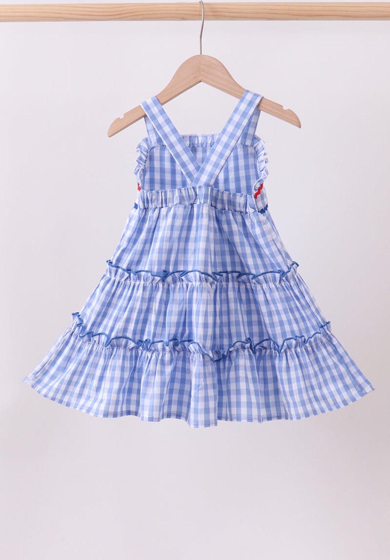 Blue gingham ruffle tiered dress