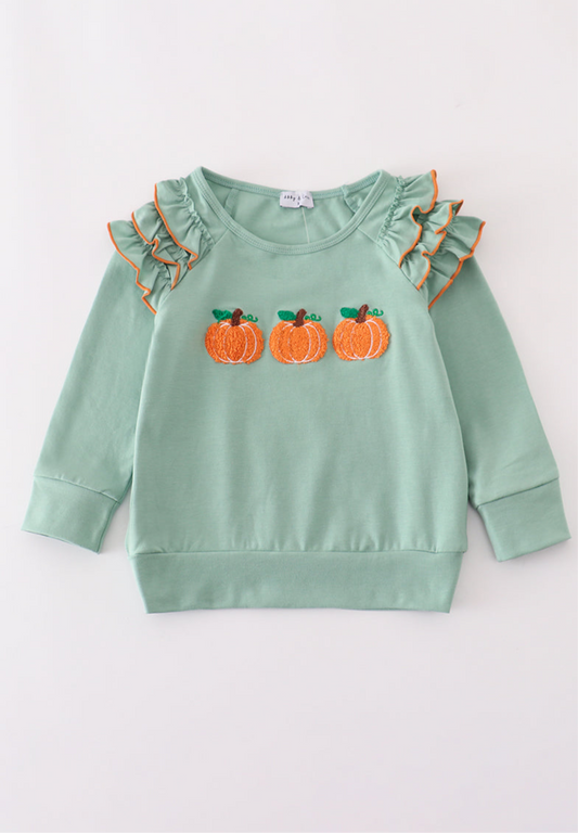 Sage Pumpkin French Knot Ruffle Top