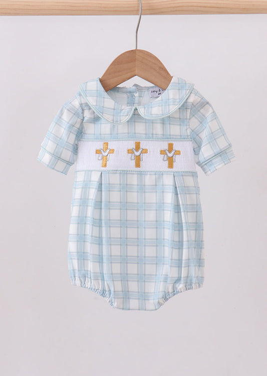 Blue cross smocked plaid bubble