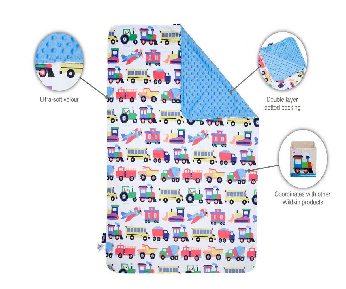 Trains Planes and Trucks Plush Blanket - Blue