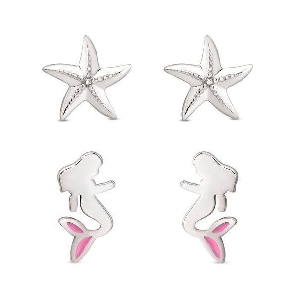 Mermaid And Starfish Stud Set - Sterling Silver: Sterling Silver