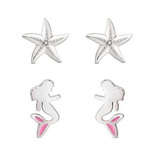 Mermaid And Starfish Stud Set - Sterling Silver: Sterling Silver