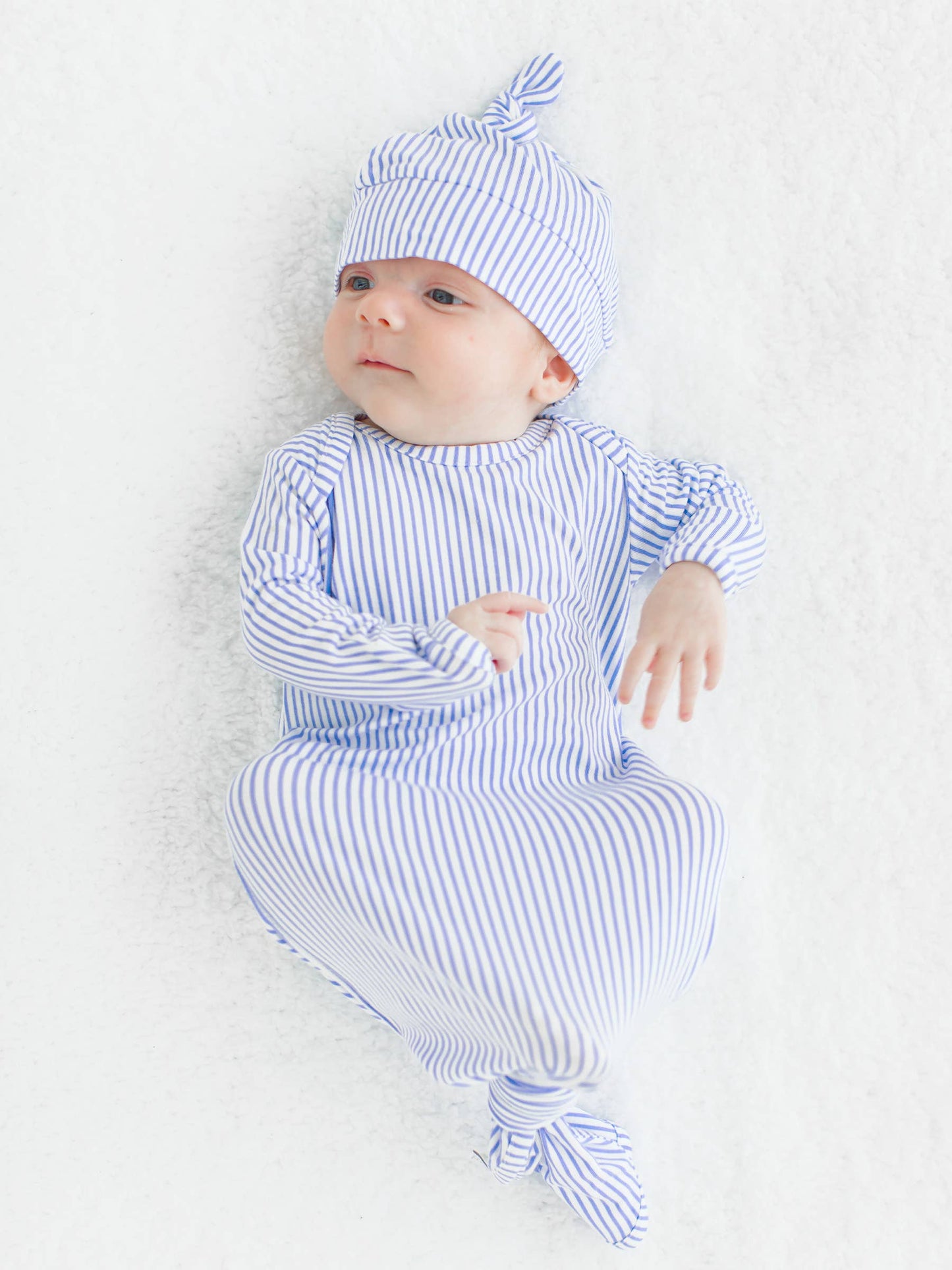 Baby Boys Periwinkle & White Micro Stripe Bamboo Viscose Knotted Sleep Gown & Hat Set
: Blue