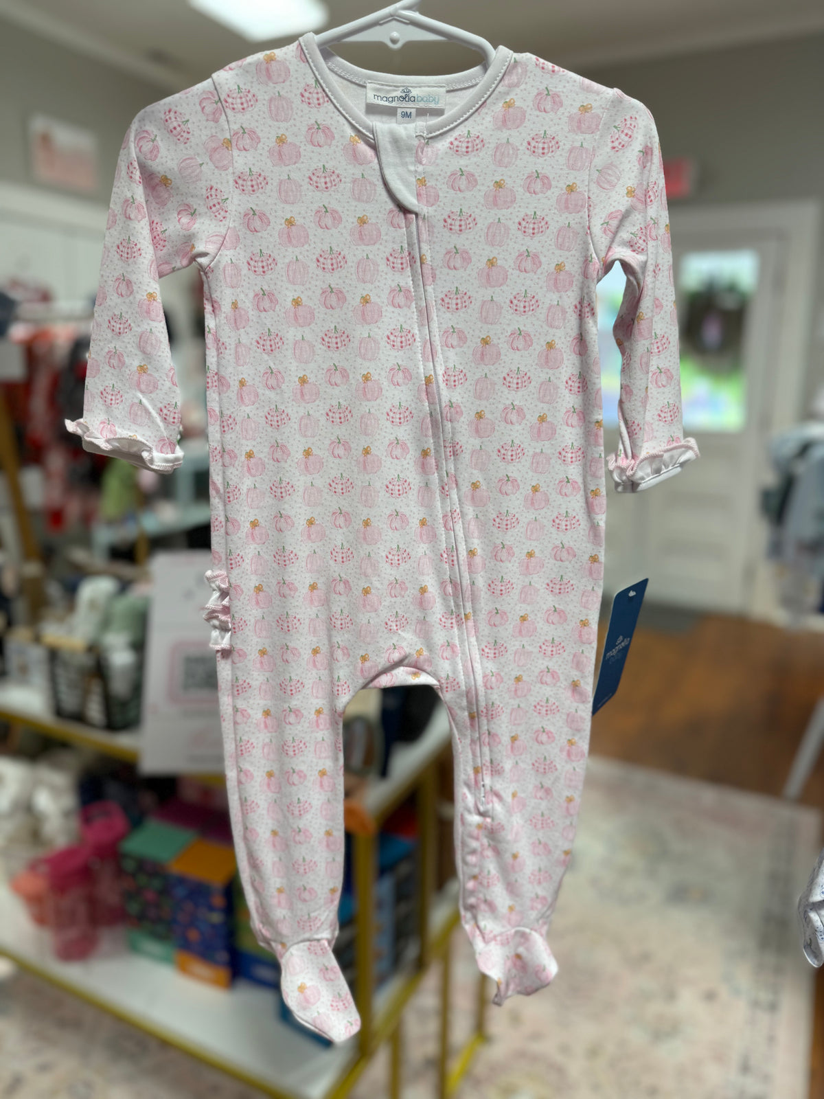Precious Pumpkins Print Ruffle Zip Footie - Pink
