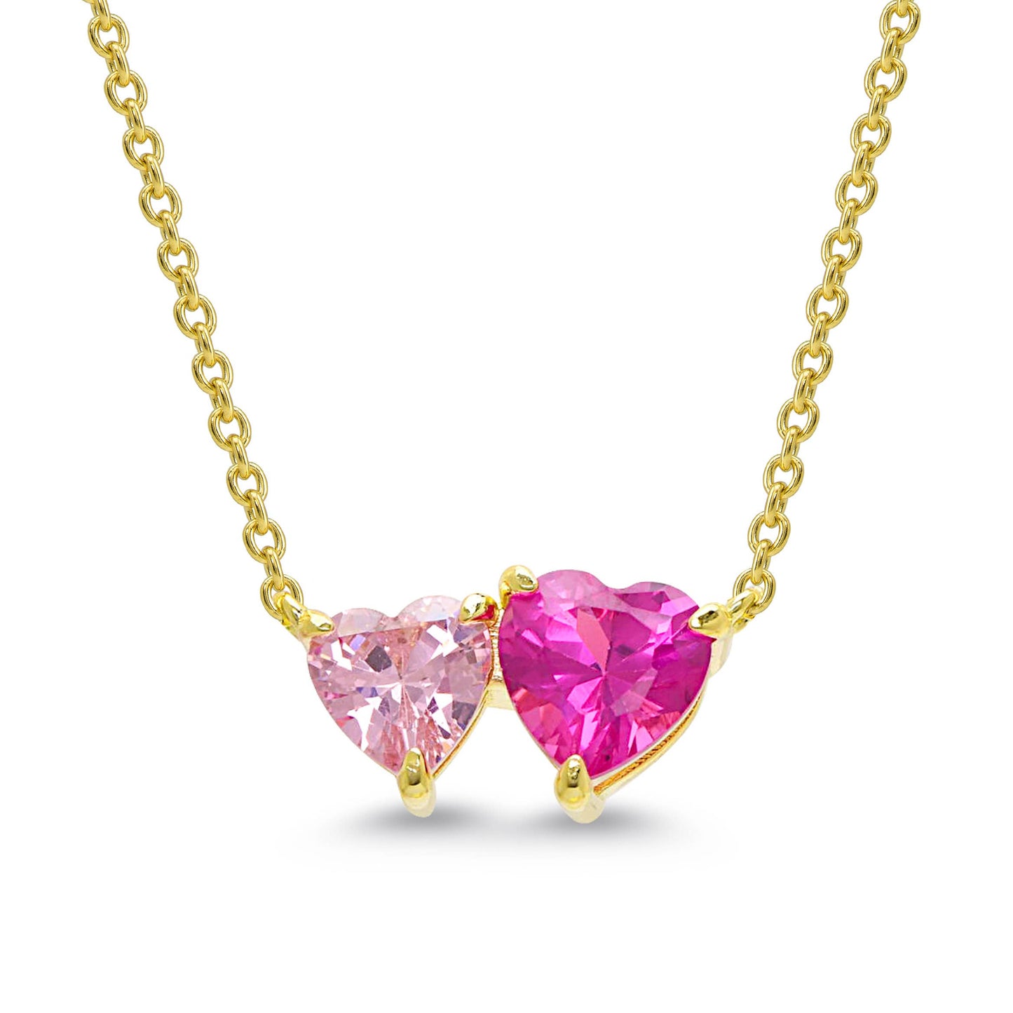 CZ Double Hearts Necklace - 2-Tone Pink