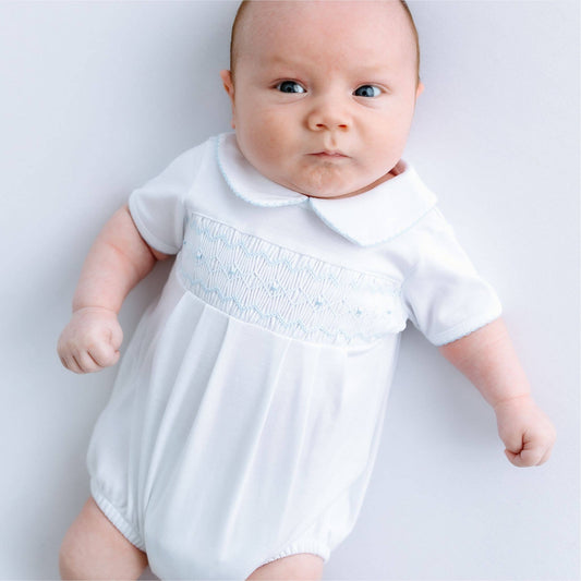 Landon's Classics Smocked Short Sleeve Bubble - Light Blue