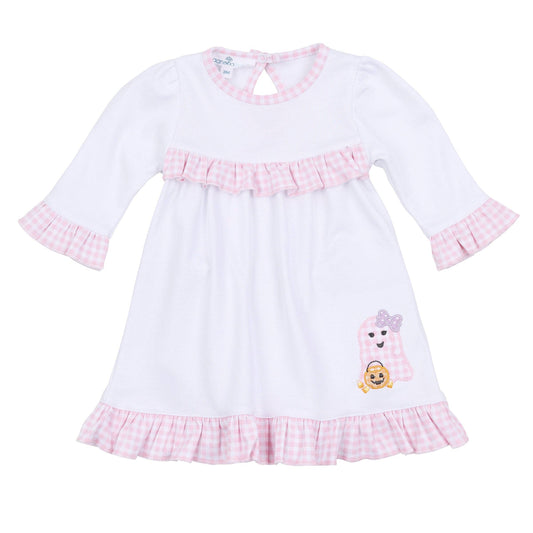 Boo Crew! Applique Ruffle Long Sleeve Dress - Pink