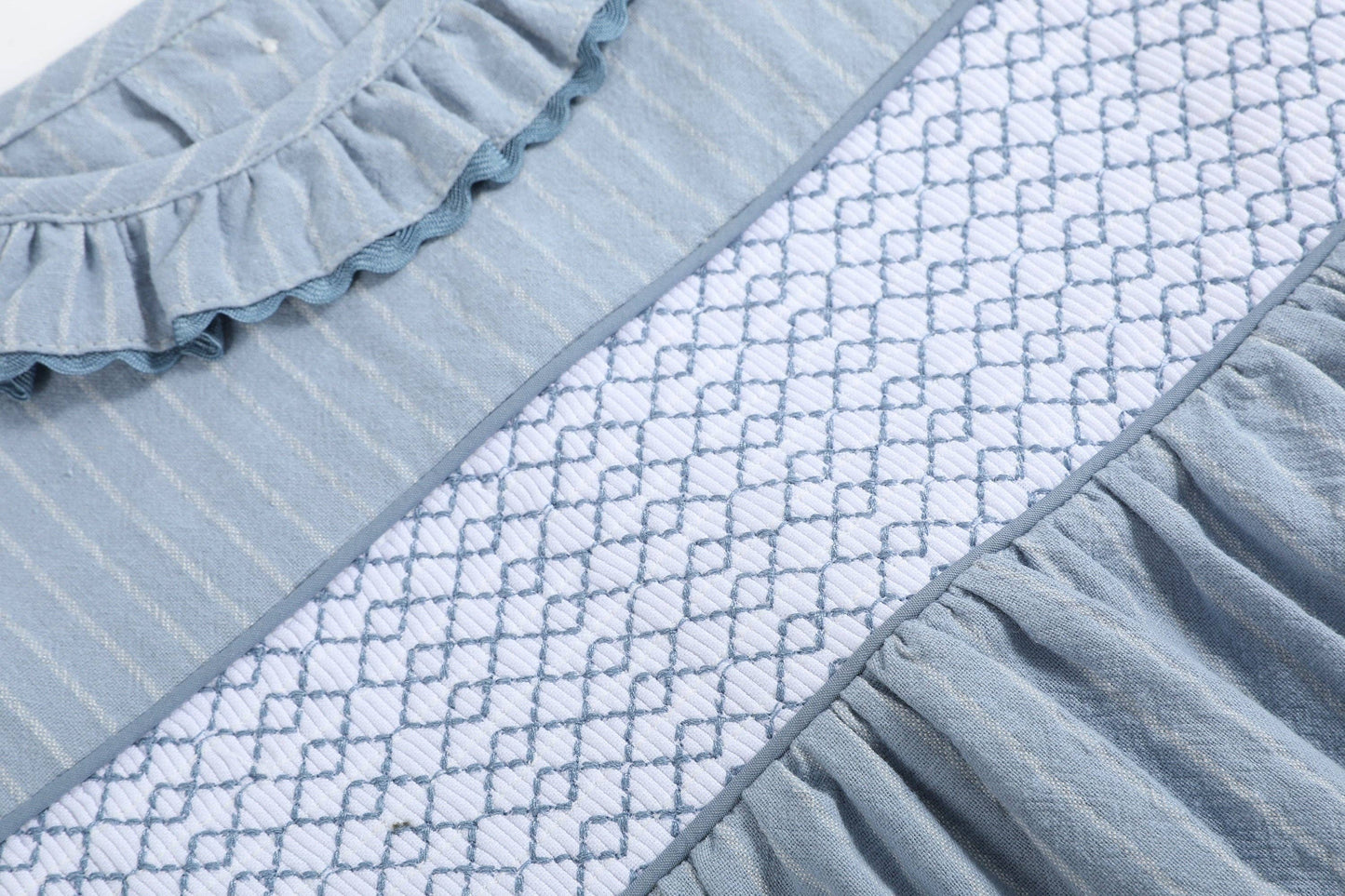 Light Blue Pinstripe Smocked Ruffle Dress