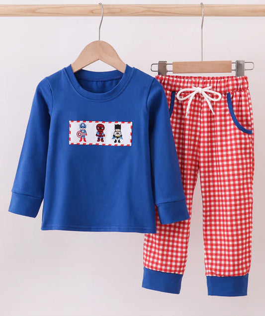 Blue character embroidery pants set