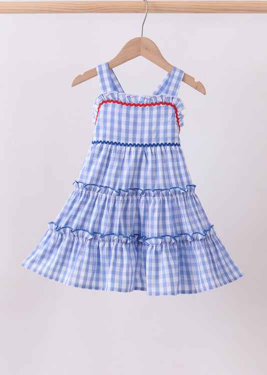 Blue gingham ruffle tiered dress