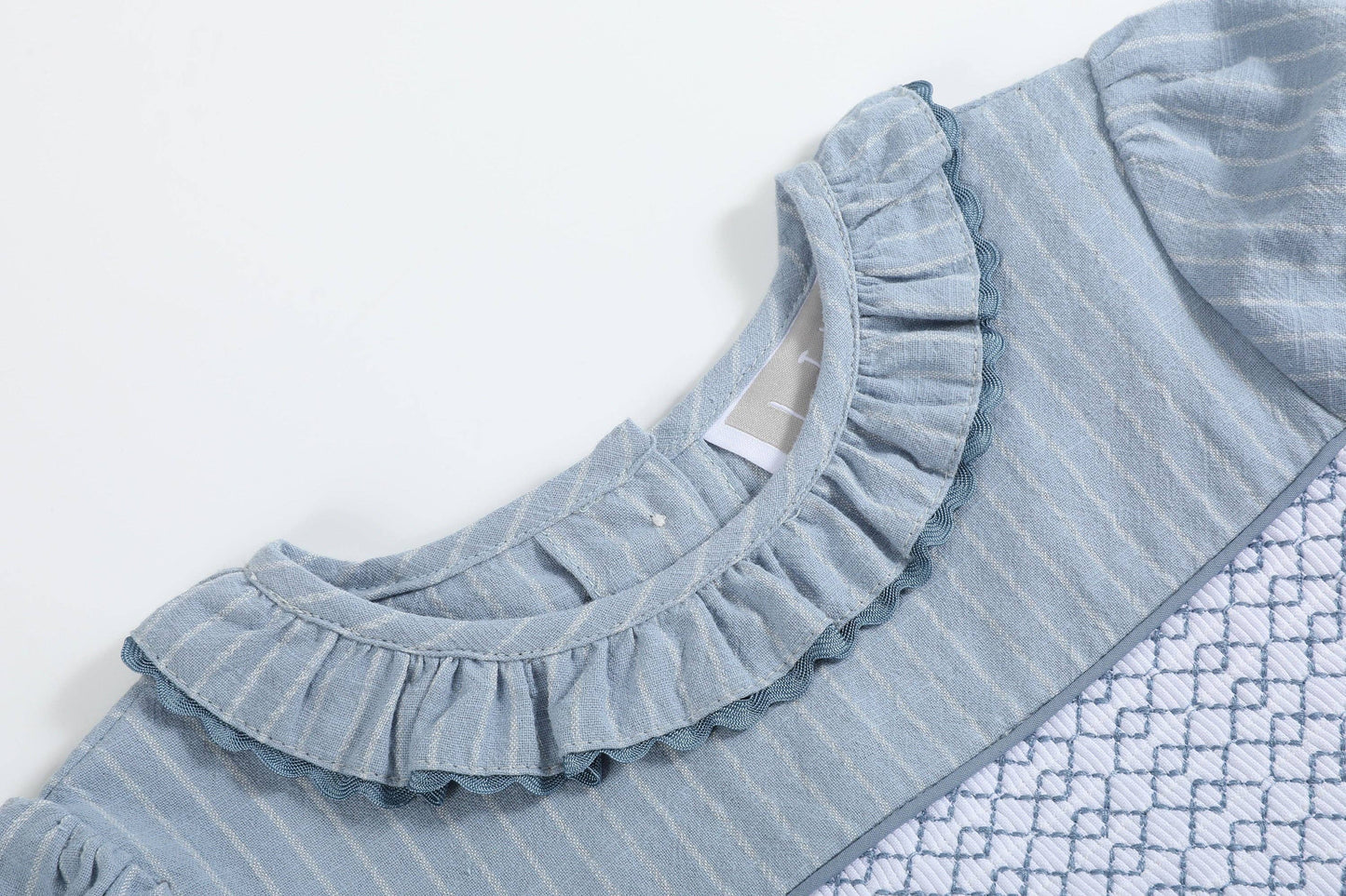 Light Blue Pinstripe Smocked Ruffle Dress