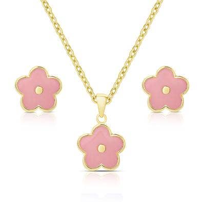 Flower Stud Earrings And Necklace Set: Pink