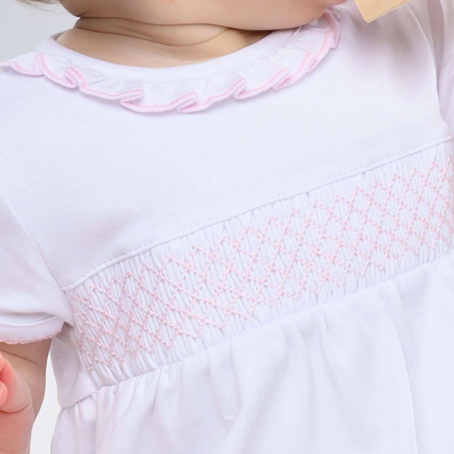 Essentials Solid Smocked Bubble - White Pink: 9 Months