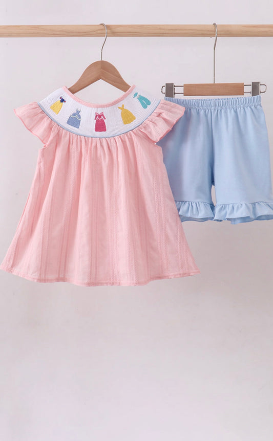 Pink princess smocked ruffle shorts set