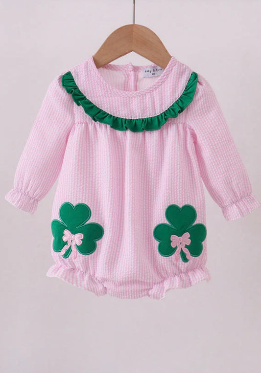 Pink clover applique seersucker bubble