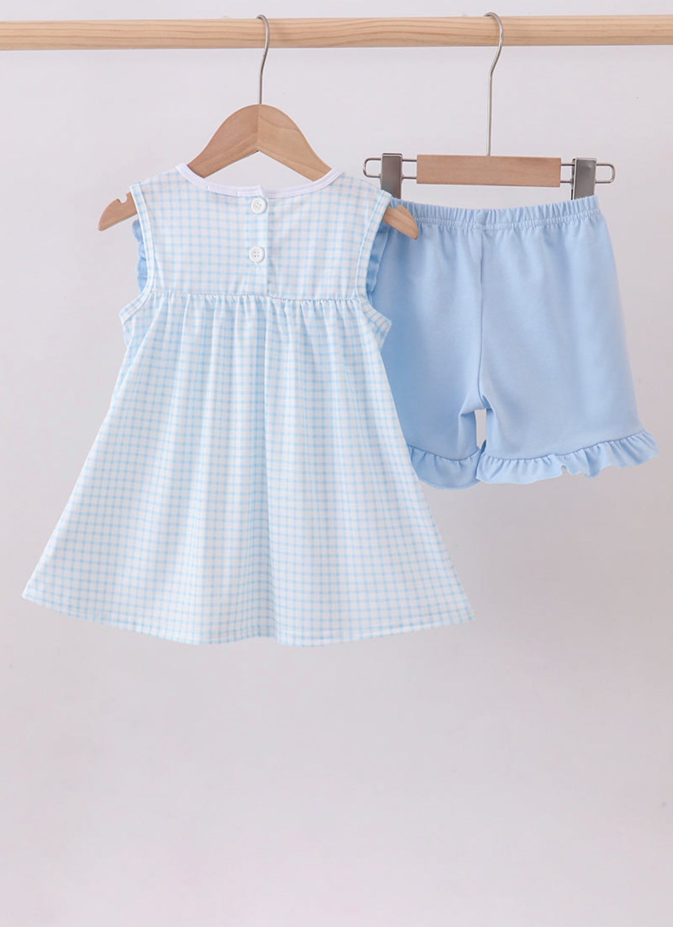 Blue zoo animal embroidery gingham ruffle shorts set