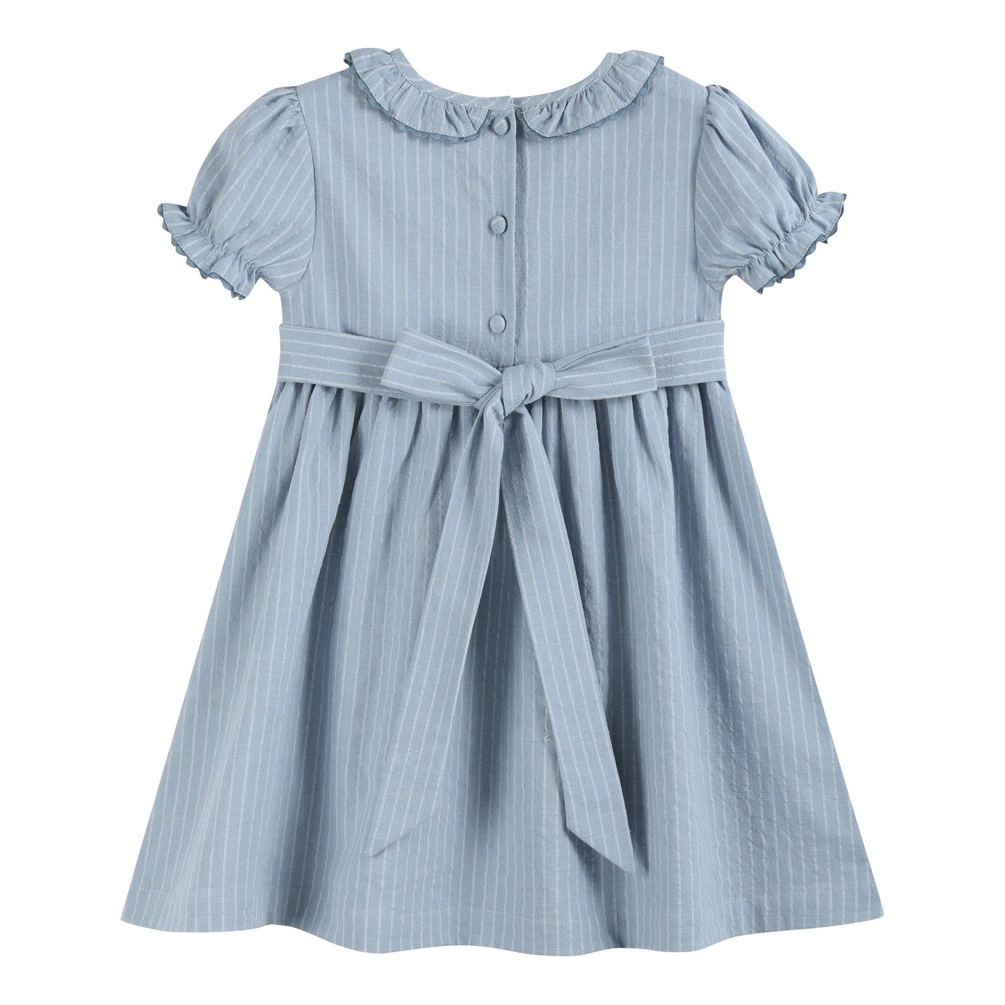 Light Blue Pinstripe Smocked Ruffle Dress