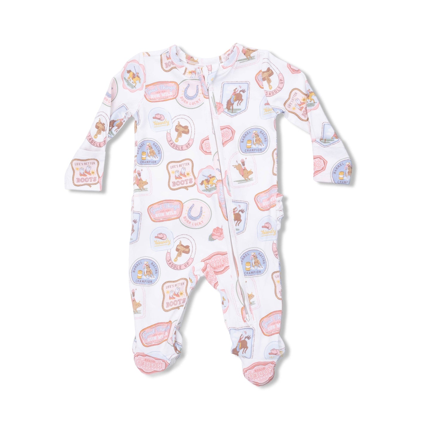 Rodeo Patches Pink - 2 Way Ruffle Back Zipper Footie