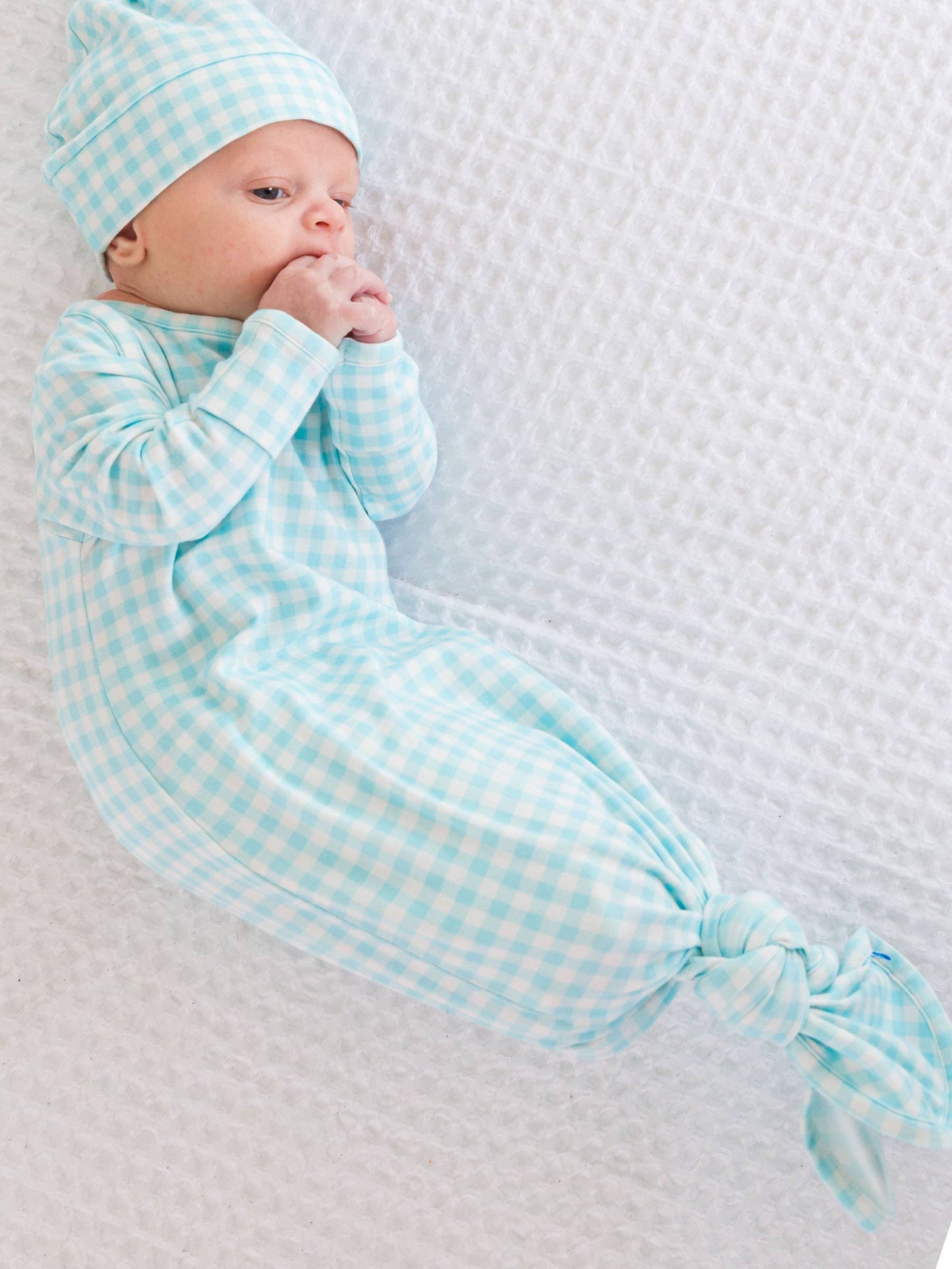 Baby Blue Breeze Gingham Modal Blend Knotted Sleep Gown & Hat Set
: Blue
