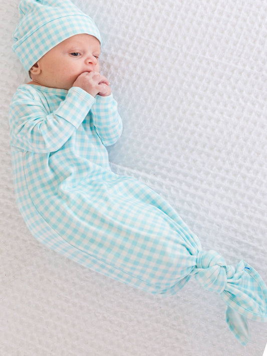 Baby Blue Breeze Gingham Modal Blend Knotted Sleep Gown & Hat Set
: Blue